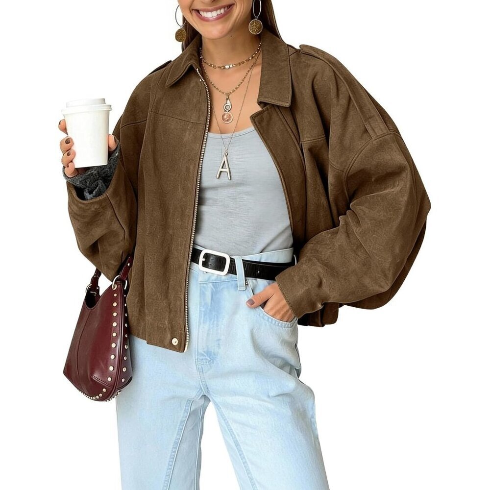 Women's Faux Suede Bomber Jacket Oversized Long Sleeve Zip Up Cropped Brown